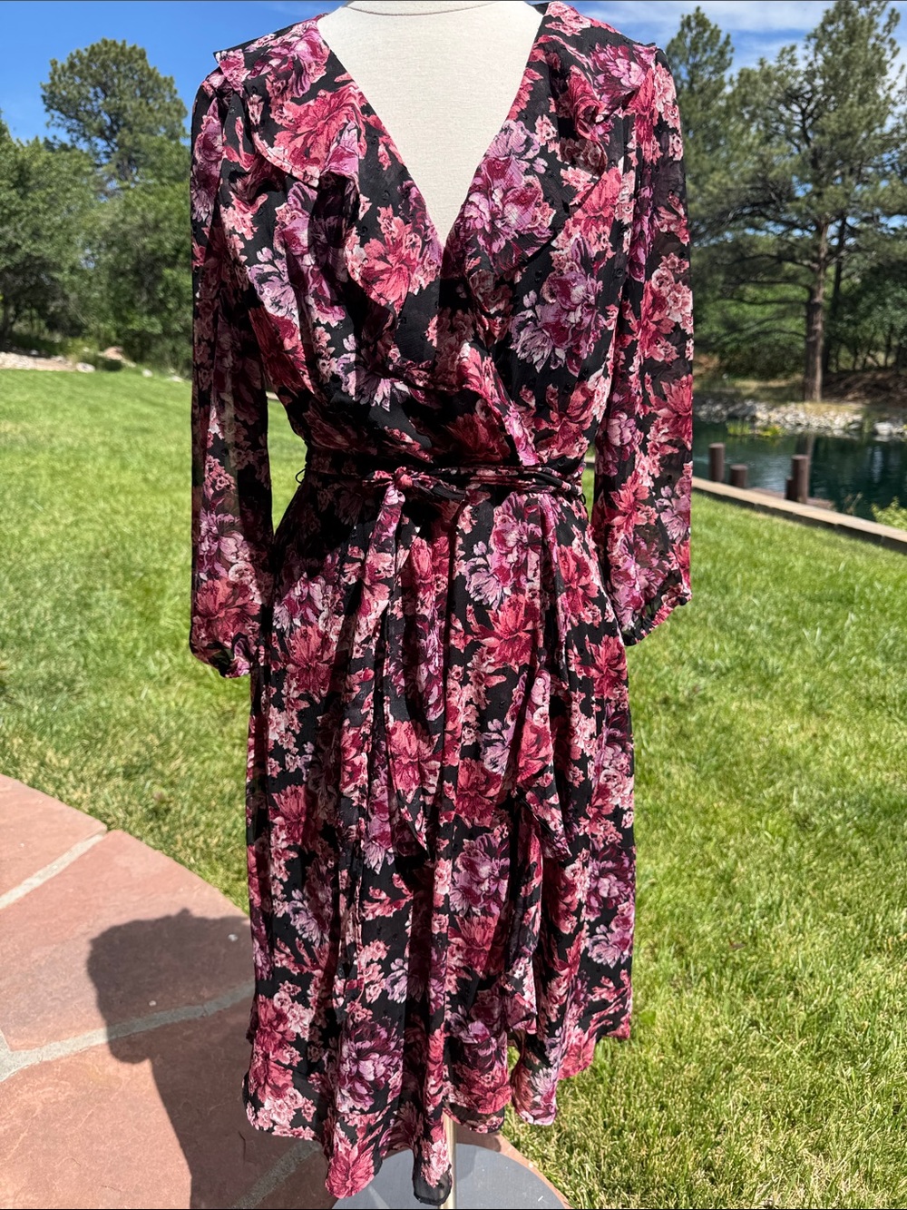 Floral Faux Wrap Midi Dress in Deep Pink on Black